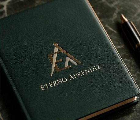 Caderno de couro verde com o símbolo do Eterno Aprendiz gravado em bronze